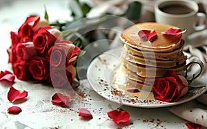 Plate with tasty pancakes and roses on light background, closeup