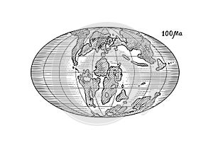 Plate tectonics on the planet Earth. Pangaea. Continental drift. Supercontinent at 100 Ma. Era of the dinosaurs