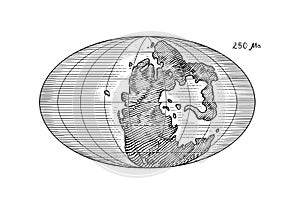 Plate tectonics on the planet Earth. Pangaea. Continental drift. Supercontinent at 250 Ma. Era of the dinosaurs