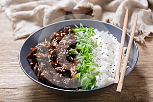 plate of teriyaki beef, rice, green onion and sesame seeds