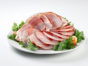 plate with thinly sliced ham on white background