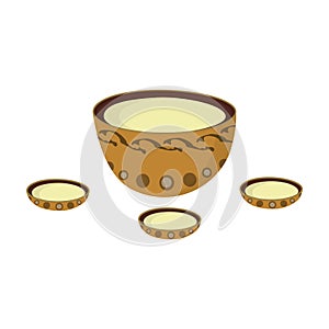 A plate with three cups and Mongolian ornaments.The national dish of the Mongols.Mongolia single icon in cartoon style