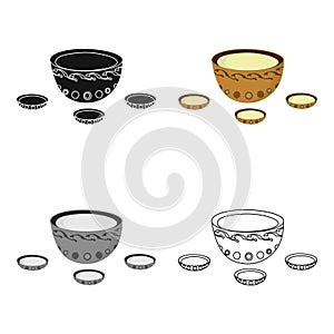 A plate with three cups and Mongolian ornaments.The national dish of the Mongols.Mongolia single icon in cartoon style