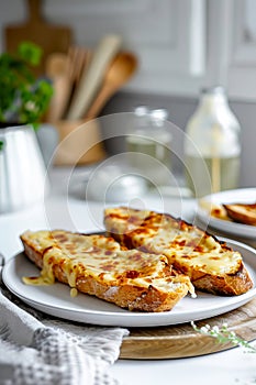 A plate of toasted bread with cheese on it