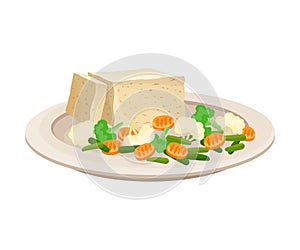 Plate With Tofu Cheese And Fresh Vegetables Vector Illustration