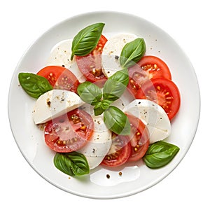 Plate with tomatoes, basil, and mozzarella on white background
