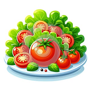 plate tomatoes and lettuce with a white background