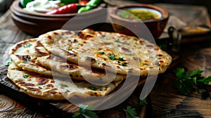 A plate of tortillas with parsley on top. The plate is on a wooden table. Indian flatbread stuffed with potatoes, aloo paratha,