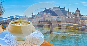 The plate of traditional hot Austrian mashroom soup in Salzburg