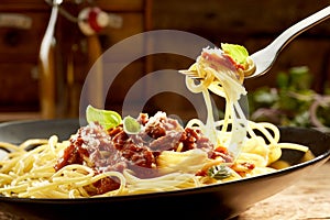 Plate of traditional Italian spaghetti Bolognaise