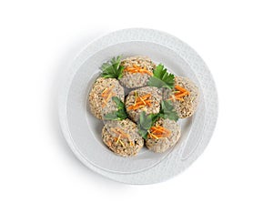 Plate of traditional Passover Pesach gefilte fish isolated