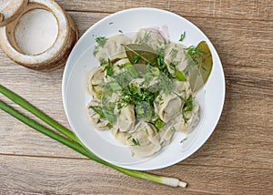 Plate of traditional Russian dumplings sprinkled with herbs on wooden table