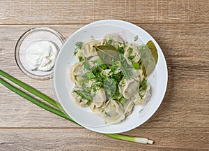 Plate of traditional Russian dumplings sprinkled with herbs on wooden table