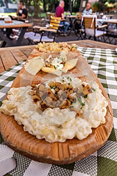 Plate of traditional Slovak dishes - kapustove strapacky & x28;dumplings with cabbage& x29;, bryndzove pirohy