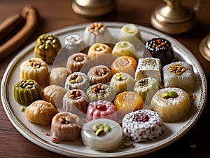 Plate of traditional Turkish sweets contains Turkish delight and baklava