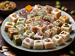 Plate of traditional Turkish sweets contains Turkish delight and baklava