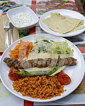 Plate of Turkish kebab meat with grilled vegetables.