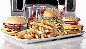 A plate of two burgers and fries with a cup of soda