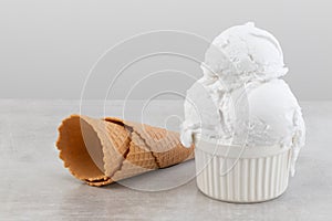 Plate of vanilla ice cream scoops and waffle cones