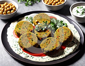 A plate with a variety of Middle Eastern dishes, including falafel, hummus, and tabbouleh.