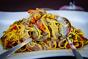 Plate of vegan pasta at a plant based food Restaurant