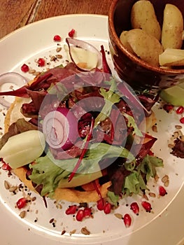 A plate of Vegan salad and new potatoes