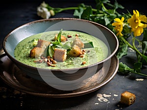 plate of vegan spinach, leek, courgette and coconut milk soup with spicy croutons