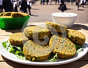 A plate of vegetarian patties on a table with a side of coleslaw.