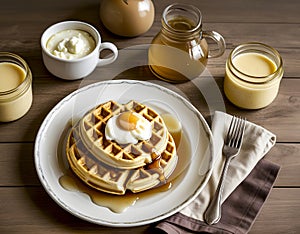 A plate of waffles with a fried egg on top and a fork on the table