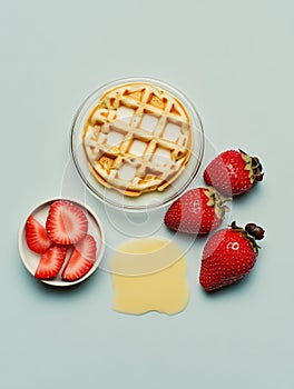 Plate of waffles, strawberries, and syrup