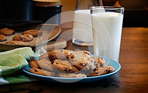 Plate of warm chocolate chip cookies and glass of milk