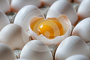 A plate of white eggs with a broken egg in the middle of them