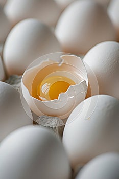 A plate of white eggs with a broken egg in the middle of them