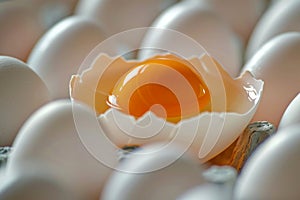 A plate of white eggs with a broken egg in the middle of them