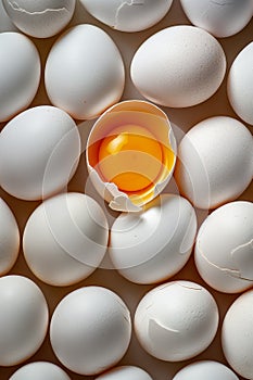 A plate of white eggs with a broken egg in the middle of them