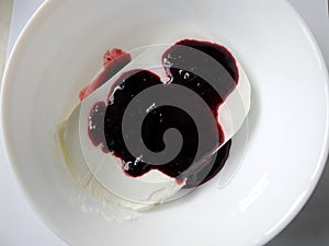 Plate of white ice cream drenched jam