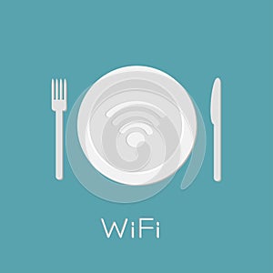 Plate with Wireless Network wifi icon inside. Knife and fork.