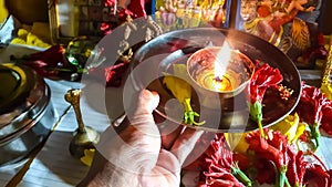 A Plate Of Worship Caught In Hand. Diwali Or Deepawali Puja.
