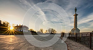 Plateau on Belgrade fortress with Victor monument at sunrise in Belgrade, Serbia