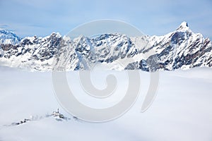 Plateau Rosa in Cervinia: the highest skiable slope in Italy (3480 mt). In background the snowy peak next Matterhorn