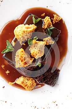 Plated chocolate sponge dessert