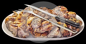 Plateful of Fresh Spit Roasted Pork Meat Slices with Serving Knife and Fork on Oval Porcelain Tray  on Black Background