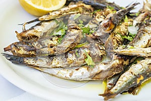 Plateful of Grilled Sardines Served with a Wedge of Lemon