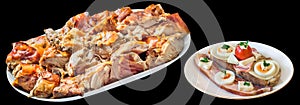 Plateful of Spit Roasted Pork Meat with Cheese Bacon and Eggs Slices Gourmet Sandwich Isolated on Black Background