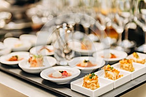 Plates with appetizers on some festive event