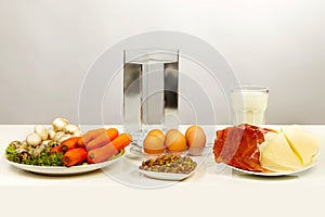 Plates of fruit, vegetables and meat presented as a healthy diet
