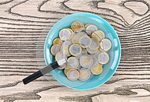 Plates full of euro coins and magnifiers