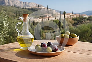 Plates full of selected olives and glass carafe of olive oil stand on rustic wooden table. Trees and Greek landscape in