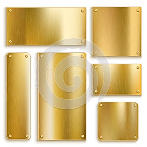Plates golden. Metallic yellow plate, gold shiny square and rectangular bronze banner. Polished textured blank label