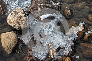 Plates of ice on rocks in a mountain river